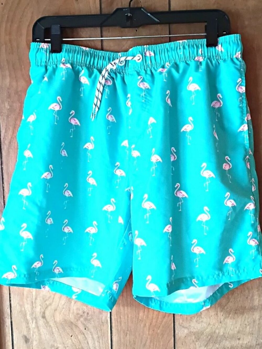Men’s Swim Trunks Size M Turquoise Flamingo Print Drawstring Polyester NWOT